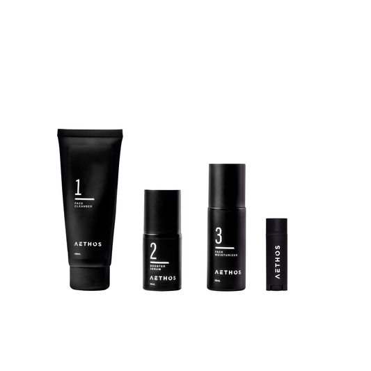 Cleanser, Serum y Crema facial Aethos – rutina de skincare para hombres